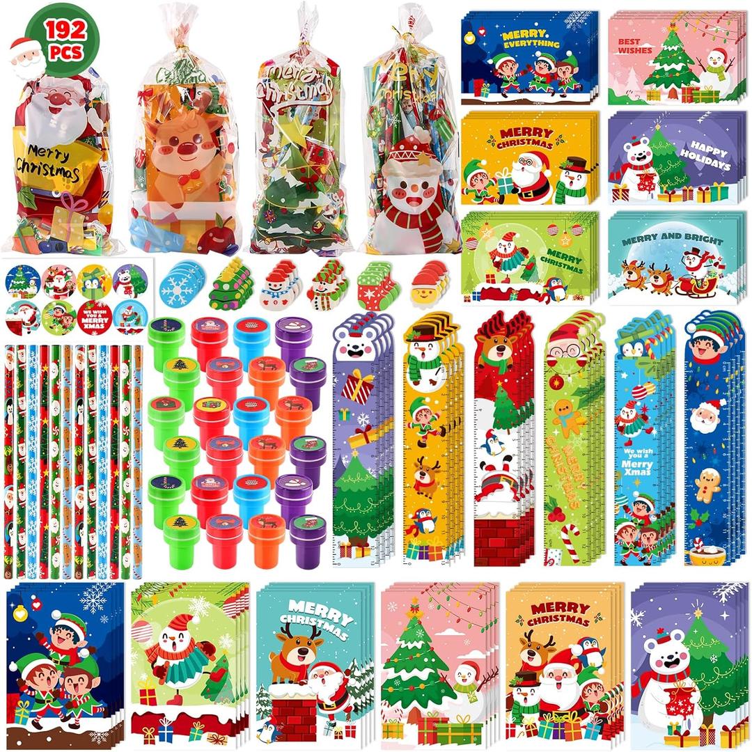 Shemira 192PCS Christmas Classroom Gifts for Students, School Stationery Set, Christmas Party Favors, Assorted Goodie Bag Stocking Stuffers, Xmas Gifts Toys Reward Prizes for Kids