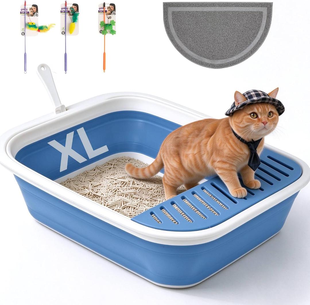 PAWISE Foldable Cat Litter Box, 20.9"x15.6"x5.5" Large Travel Litter Pan,Collapsible Litter Box with Low Entry for Kittens, Adult & Senior Cats, Anti-Splash Box with Scoop, Teaser Wand and Mat(Blue)