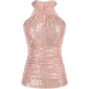 GRACE KARIN Sequin Tops for Women Elegant Tops Sparkle Tank Shimmer Party Club Cocktail Slim Fit Ruched Tops (Small, Rose Gold)