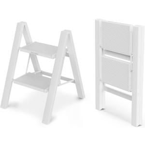 WOA WOA Step Ladder, Widen Pedals Foldable Step Stool, Lightweight Aluminum Ladder, Easy to Move Around, Anti-Slip Foot Stepladder for Household, Fold Thin & Space Save, 300 lbs Load (2 Step, White)