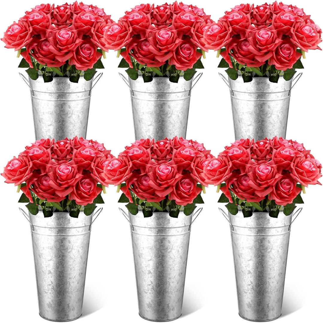 Irenare 12 Inch Vintage Galvanized Flower Bucket Metal Flower Vase Farmhouse French Bucket Planter Metal Floral Container for Party Table Centerpiece Weddings Home(Silver,6 Pcs)