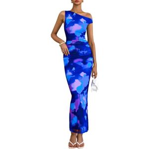 PRETTYGARDEN Women's 2026 Summer Floral One Shoulder Maxi Dress Wedding Guest Ruched Mesh Bodycon Long Cocktail Dresses (Blue, L)