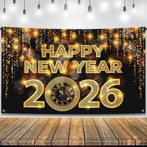 KatchOn, Xtra Large Happy New Year Banner - 72x44 Inch | New Year Backdrop 2026 | New Years Decorations 2026 | NYE Eve Banner For NYE Decorations 2026 | New Years Eve Party Supplies 2026 (Grill Black and Gold)