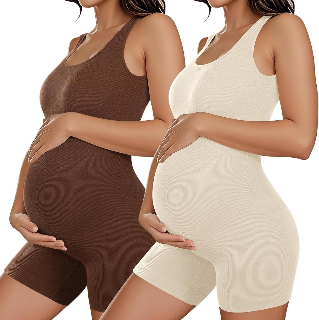 Coume 2 Pcs Maternity Romper Ribbed Pregnancy Bodysuit