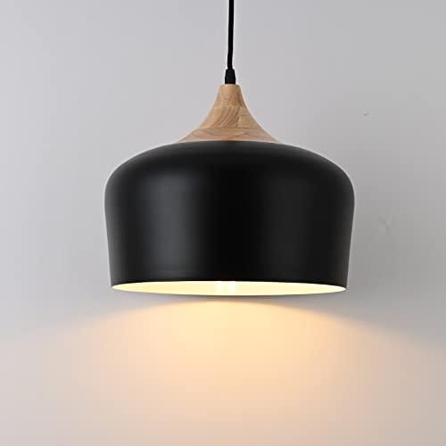 DOTCN 11.8 inch Black Industrial Pendant Light, Adjustable Wood Ceiling Hanging Lighting with Dome Metal Shade,Farmhouse Minimalist Lamp for Kitchen Island,Dining Room,Bar, Bedroom,Hallway