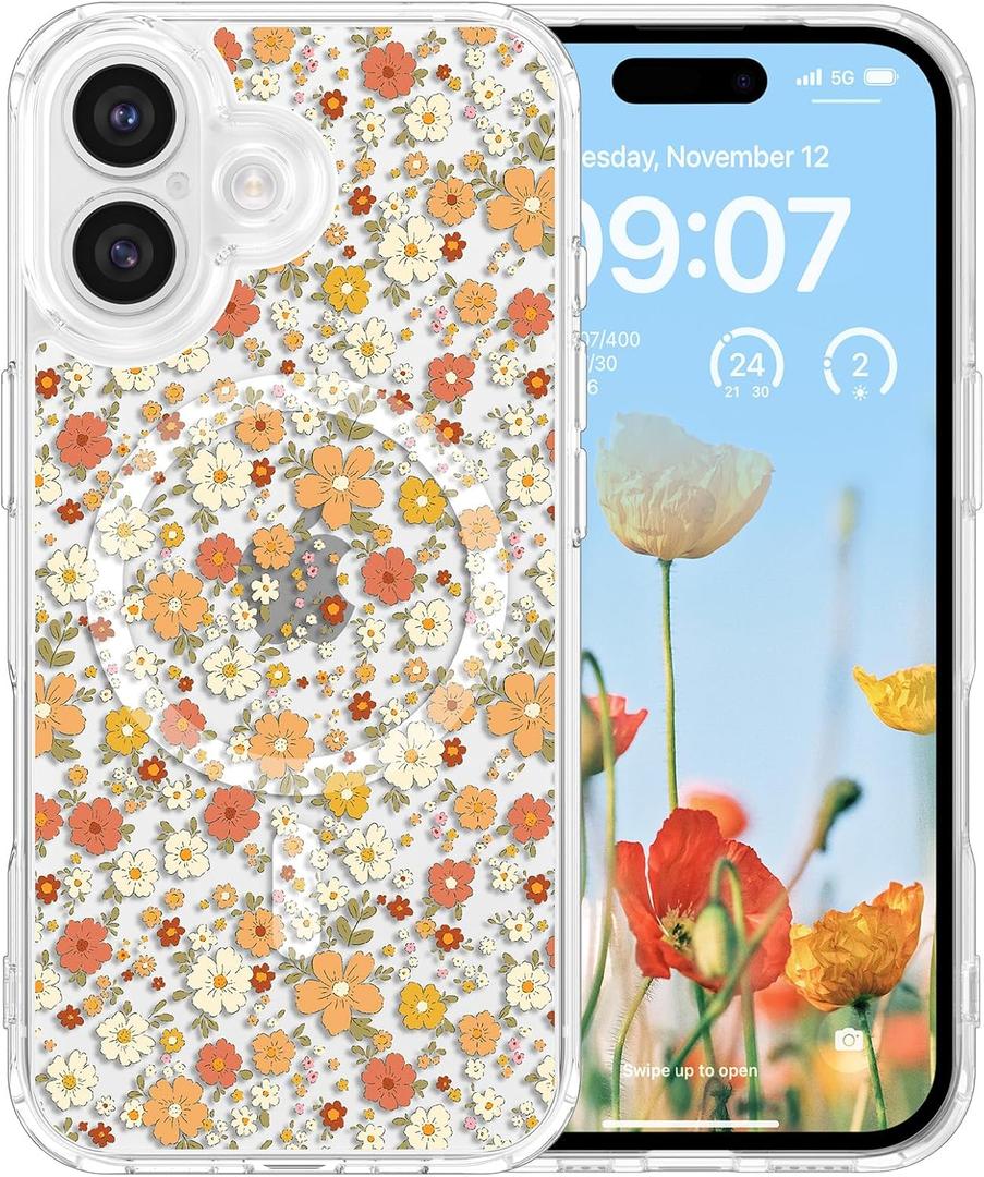 RALEAVO for iPhone 17 Case Compatible with MagSafe Clear Floral Pattern Design Cute for Girls Women Slim Magnetic Hard Back Shockproof Phone Case for iPhone 17,Orange Flowers