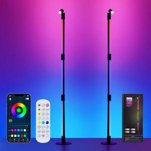 Corner Floor Lamp - 2 Pack Black RGB LED Floor Lamp with Music Sync and 16 Million DIY Colors, App & Remote Control, Color Changing Modern Smart Corner Lamp for Bedroom Living Room