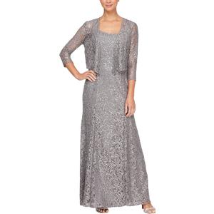 Alex Evenings Women's Long Lace Jacket Dress (8, Charcoal)