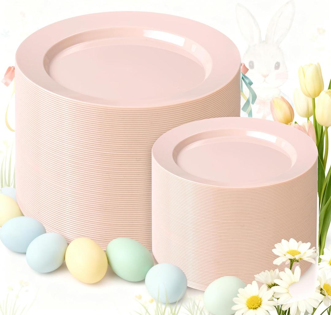 FLOWERCAT 200PCS Pink Plastic Plates Disposable Plates for Party - Heavy Duty Plastic Plates - 100 10" Pink Dinner Plates and 100 7" Pink Salad Plates for Weddings, Easter Parties, Mother's Day