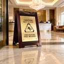Wooden Wet Floor Sign Warning Sign, Foldable Metal Double-sided Panel, Suitable for Schools, Offices, Hotels, Restrooms, Decks and Other Areas （A few decorative screw caps may fall off, which can be easily fixed with glue）