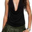 .Women Studded Halter Cowl Neck Sleeveless Y2k Punk Shirt Backless Drape Top Rave Cami Tank Going Out Club Vest (Black, S)