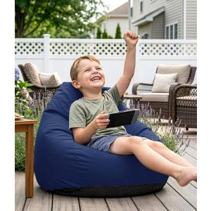 Outdoor Kids Bean Bag Chair - Small Beanbag Sofa with Shredded Foam Filling, Splash-Proof Detachable Zipper Cover with a Handle for Patio Poolside Relaxing, Navy