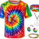 Kids Hippie Costume for Boys Girls 60s 70s T-Shirt 5Pcs Set for Halloween Party 11-12 Years Colorful