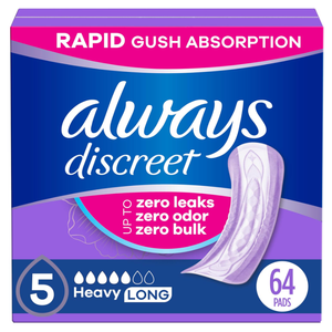 Always Discreet Adult Incontinence Pads for Women, Heavy Absorbency, Long Length, Postpartum Pads, 64 Count (2 Packs of 32)