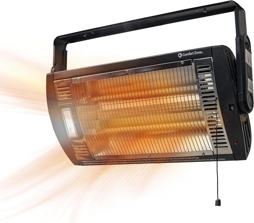Comfort Zone Ceiling Mounted Space Heater, 90 Degree Adjustable Tilt, Dual Quartz, Radiant, Electric, Safety Grille, Overheat Protection, Hardware Included, Ideal for Workshop, Garage, 1, 500W, CZQTV5M