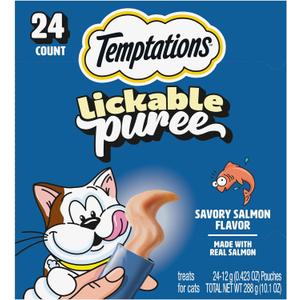 Temptations Creamy Puree Squeezable Lickable Cat Treats, Wet Cat Treats with Salmon, 0.42 oz. Tubes, 24 Count - Packaging May Vary (EXP 11/05/27)
