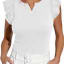 Remidoo Women's Ruffle Sleeve Shirt Fitted Notched V Neck Tank Tops Sleeveless Blouse White Small (White, S)