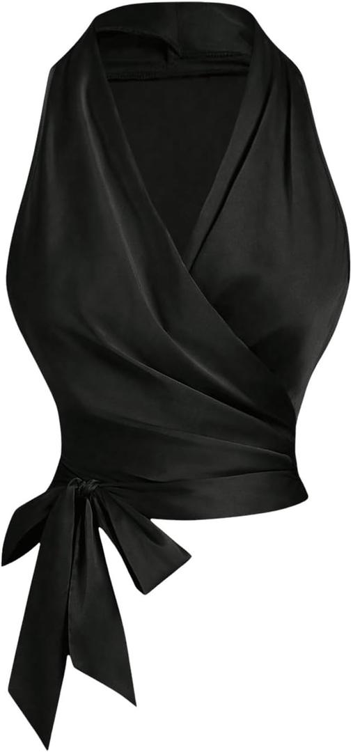 SHENHE Women's Satin Wrap Ruched Tie Side Tank Top Deep V Neck Sleeveless Elegant Blouse (Large, Black)