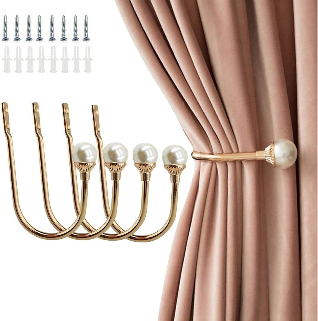 4 Pack Curtain Holdbacks Wall Mounted Curtain Tiebacks Hooks Plastic Pearl U Shape Curtain Tiebacks with Screws Curtain Ties for Home Office-Gold