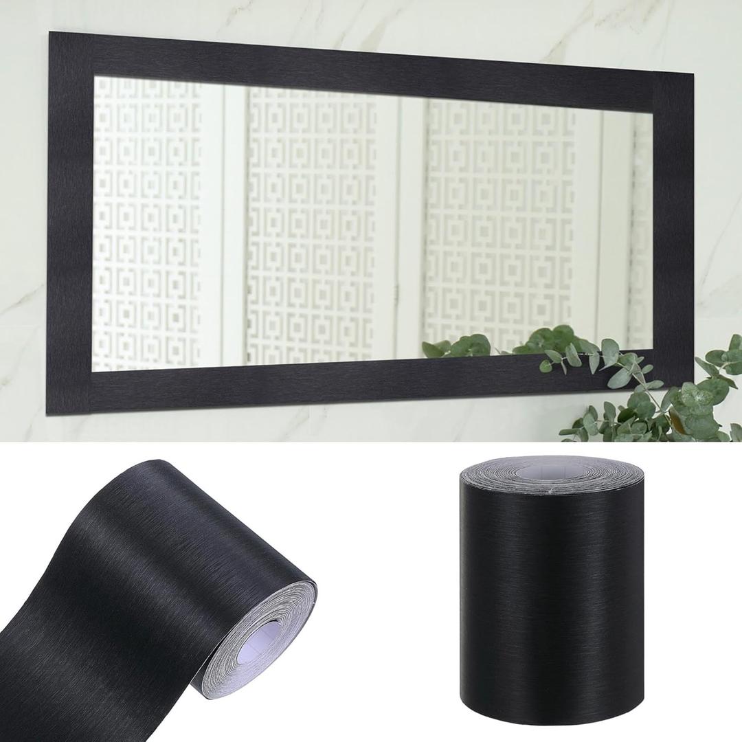49 ft Wood Grain Mirror Frame Border Peel and Stick Waterproof Wallpaper Border Wall Decor Removable Self Adhesive Strips for Bathroom Mirror Fames Cabinets Bedroom Decor 4" x 49 ft(Black)