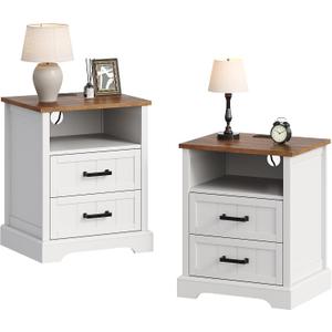 ChooChoo Farmhouse Night Stands with Charging Station, Wood Nightstand Set of 2 with 2 Drawers, Bedside Table with Open Storage Shelf for Bedroom, White