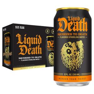 Liquid Death Soda-Flavored Sparkling Water - Squeezed To Death (Classic Orange Soda), Less Sugar*, Huge Flavor, No Caffeine, No Artificial Sweeteners, 12 Fl Oz (Pack of 12) (EXP 06/27/27)