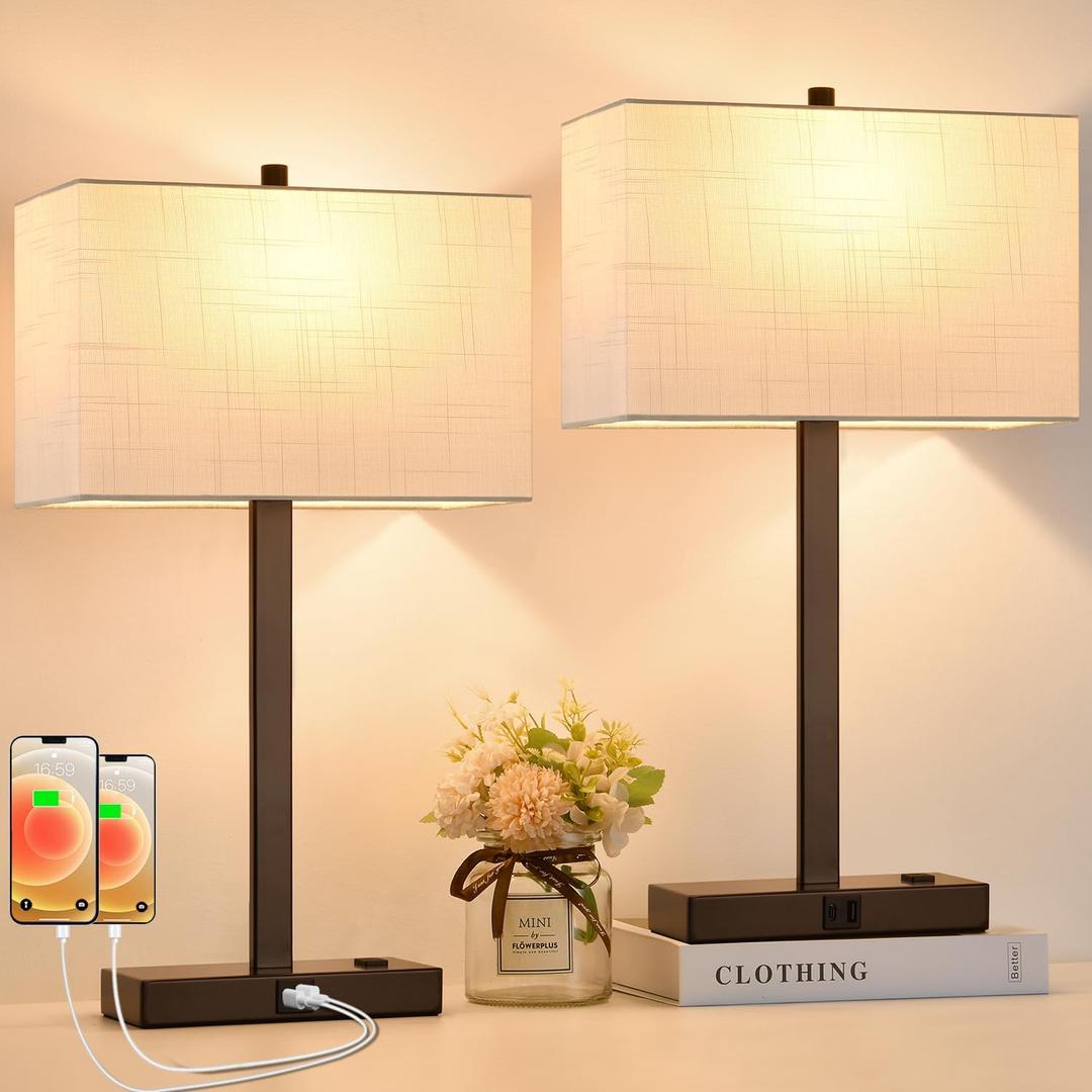 Lynnoland 21" Set of 2 Table Lamps with 2 USB & AC Outlets, Touch Control 3-Way Dimmable Bedside Lamps for Bedroom Living Room Office Reading, White Shade Bedroom Lamps, 2700K LED Bulbs Included