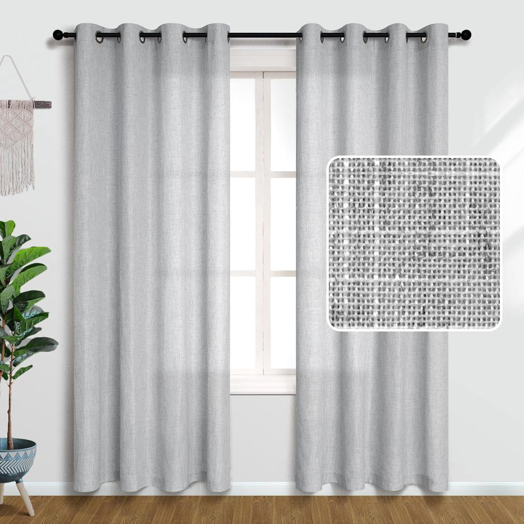 Light Grey Curtains 84 Inch Length for Living Room Set 2 Panels Thick Linen Grommet Farmhouse Filtering Semi Sheer Drapes for Sliding Glass Door Bedroom Privacy Window Treatments Dove Silver Gray 84L
