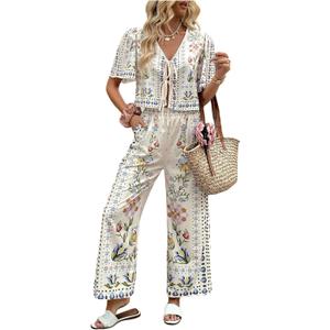 WDIRARA Women's Boho Floral 2 Piece Palazzo Pants Set Short Sleeve Blouse (Blue)