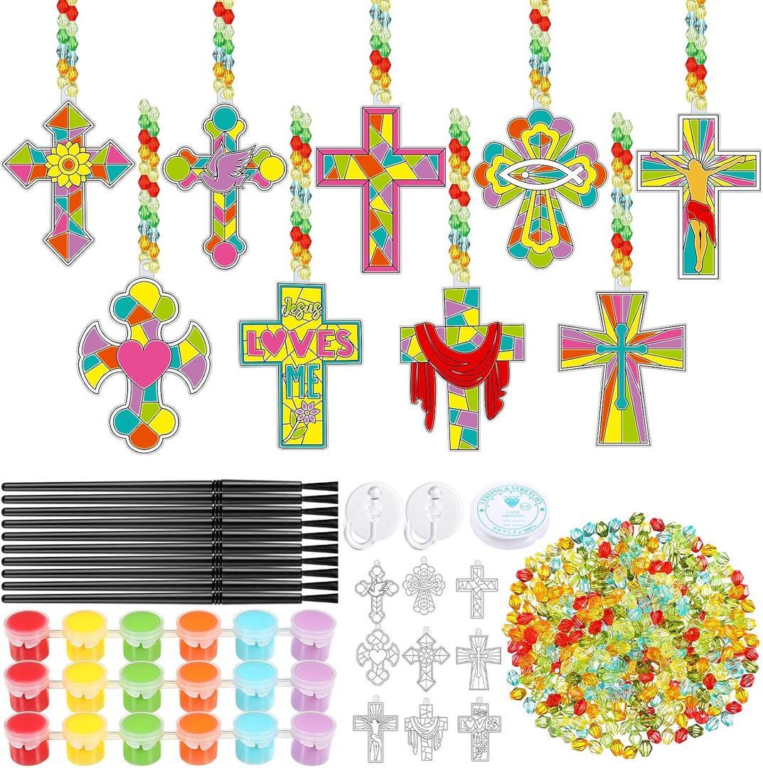 Pasimy 36 Sets Cross Crafts Kit Religious Suncatchers Christian Jesus DIY Paint Your Own Window Hanging Ornaments Summer Sunday School Activities Arts Gifts Decorations for Church Vbs Party Favors