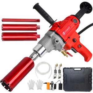 Diamond Core Drilling Machine, Handheld Dry and Wet Core Drill Rig, 1-1/4"Threaded Shaft, Equipped with Wet Drill Bits 1.25", 2.5", 3.25",4"and Water Pump Set, for Concrete Bricks and Stones