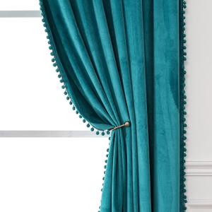 Victree Pom Pom Velvet Curtains for Bedroom, Blackout Curtains 52 x 84 inch Length - Room Darkening Sun Light Blocking Rod Pocket Window Drapes for Living Room, 2 Panels, Teal Blue