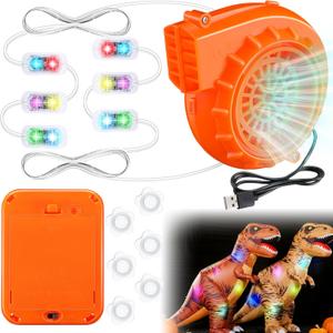 Enhon Mini Blower Fan, with Fixed 2x9.84 feet LED String Lights, Inflatable Costume Fan Replacement for Blow up Dinosaur Halloween Clothing Suits Cosplay Party Game Christmas Indoor Outdoor, Orange