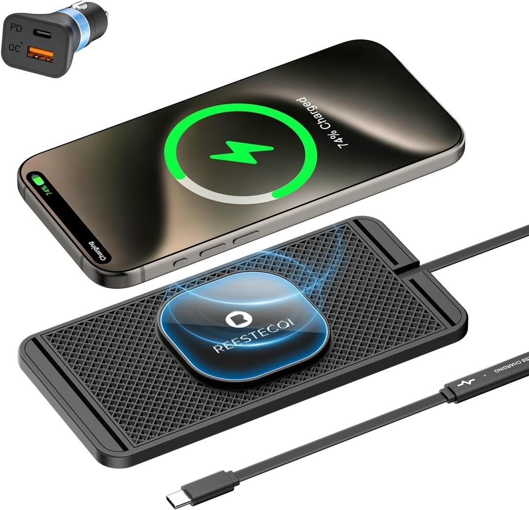 Magnetic Wireless Car Charger Pad, REESTECQI 15W Wireless Charging Pad for Magsafe Charger Non Slip Type C with 40W Car Charger for iPhone 17/16/15/14/13/12, Airpods (30CM Cable)