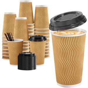 SIUQ 16 oz Coffee Cups-90 Pack Disposable Coffee Cups with Lids and Straws, Insulated Ripple Wall To Go Paper Coffee Cup for Coffee, Juice, Hot Chocolate and Hot Tea Drinks - Champagne
