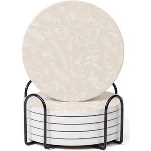 Set of 6 Floral Beige Coasters with Holder, Absorbent Ceramic Drink Coasters with Cork Backing for Table Protection, Coffee Table Décor