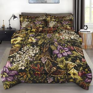 Comforter Set Queen Size, Flower Plants Vintage Moth Soft 3 Pcs Bedding for Kids and Adults, Witch Comforter Set with 2 Pillowcases, for Bedroom Bed Decor (Vintage Floral Skull)