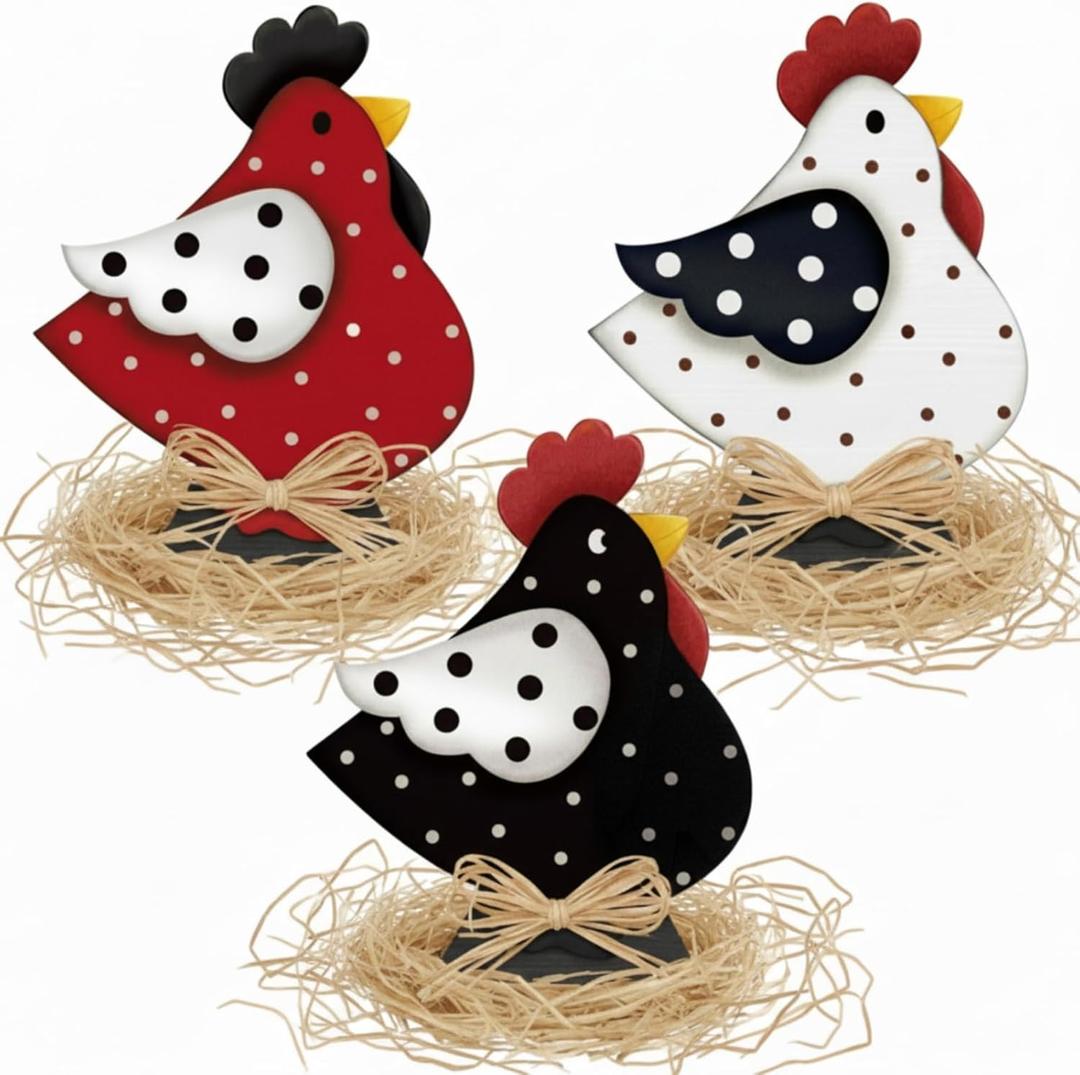 AceOrbit 3 Pcs Wooden Chicken Sign Rooster Decor Farmhouse Decoration Chickens Centerpieces with Raffia Birthday Party Decor Hen for Home Table Desk Door Shelf Chicken Party Gift