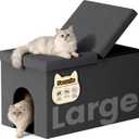 3-in-1 Cat Litter Box Enclosure with Odor Control, Multi-Functional Hidden Litter Box Furniture Bench, Dog Proof, Space-Saving Ottoman Cabinet with Flip-Up Lid, Storage Footrest, Dark Grey, L