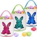 3 Pack Easter Eggs Baskets for Kids,Canvas Personalized Easter Bunny Baskets Bucket Tote Gifts Bags with Rabbit Fluffy Tail for Girls Boys Easter Eggs Hunt Easter Party Favors Decorations Toy