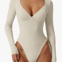 QINSEN Women's Long Sleeve Bodysuit V Neck Body Suits Seamed Cup Going Out Tops Shirt XS