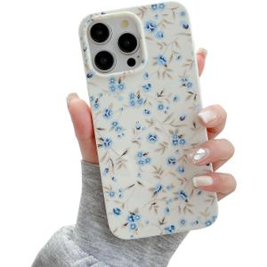 QLTYPRI for iPhone 15 Pro Case, Cute Pink Floral Flower Pattern Aesthetic Phone Case, Raised Camera Protection Soft Slim TPU Shockproof Protective Phone Cover for Girls Women - Blue