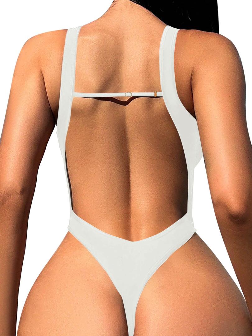 Sexy Backless Cheeky High Cut Leg Thong V Neck One Piece Swimsuit, Size L