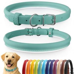 CollarDirect Reflective Rolled Leather Dog Collar, Soft Padded Round Puppy Collar, Handmade Genuine Leather Collar Dog Small Large Cat Collars 13 Colors (15-19 Inch, Mint Green Smooth)