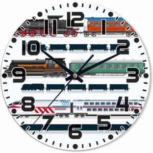 Train Wall Clock 10 inch Round Running on The Track Silent Non Ticking Wood Wall Clocks Battery Operated Easy to Read Decorative Wall Clock for Bedroom Kitchen Living Room Bathroom