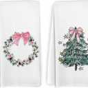 KFXHANGD Christmas Christian Kitchen Towels Set of 2, Coquette Pink Christmas Dish Towels,Christmas Christian Towels Gifts, Oh Come Let Us Adore Him Hand Tea Towels for Bathroom, 16x24 Inch (Tree Wreath)