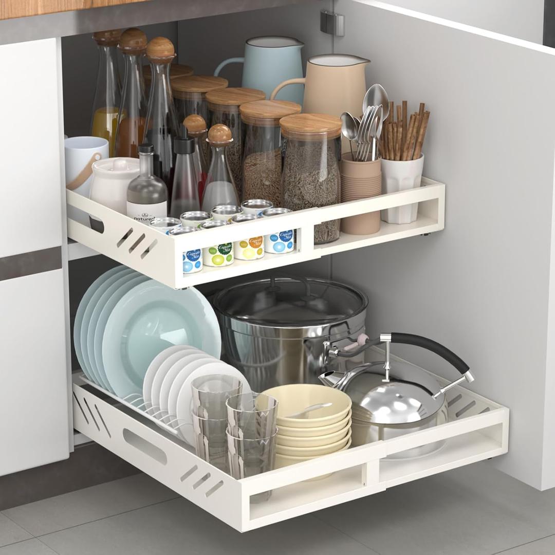 Expandable Pull Out Cabinet Organizer, (11.8"-18.9") Adjustable Slide out Drawer Organizer for Kitchen Cabinets, Roll Out Shelf Storage with Adhesive Nano Film for Kitchen Cabinet Organization (11.8"Wx21"D)