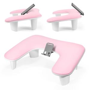 LIONVISON Arm Rest for Nails Tech: U Shaped Ergonomic Nail Hand Rest Stand PU Leather with Rotating Phone Holder for Nail Salon Manicurist (Pink)