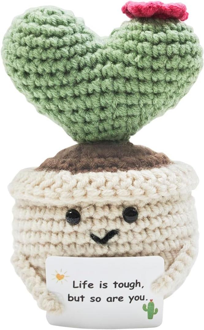 Emotional Support Crochet Cactus, Handmade Positive Cactus Crochet Plants with Encouragement Card for Desk Decor Cactus Ornament, Home or Office Decorations Mascot