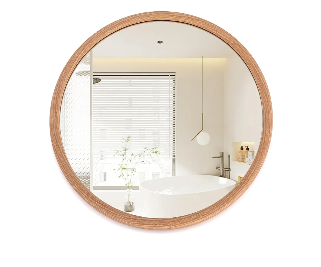 20 Inch Round Wall Mirror Oak Wood Grain Rustic Brown Framed Vanity Wall Mounted Bathroom Mirrors Farmhouse Decorative Mirror for Living Room Mantel Entryway Bedroom Hallways (Oak, 20"L x 20"W)